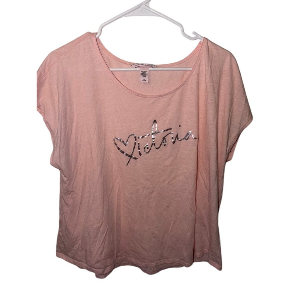 Victorias Secret Pink Graphic Tee Short Sleeve Scoop Neck Metallic Logo Large